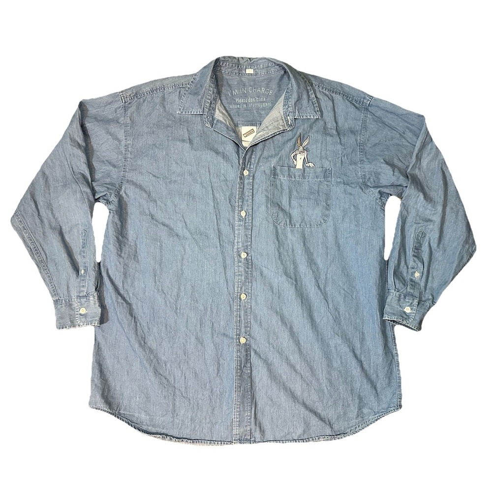 VTG 1999 Warner Bros SIZE XL Bugs Bunny Denim Long Sleeve Button Up Blue Shirt